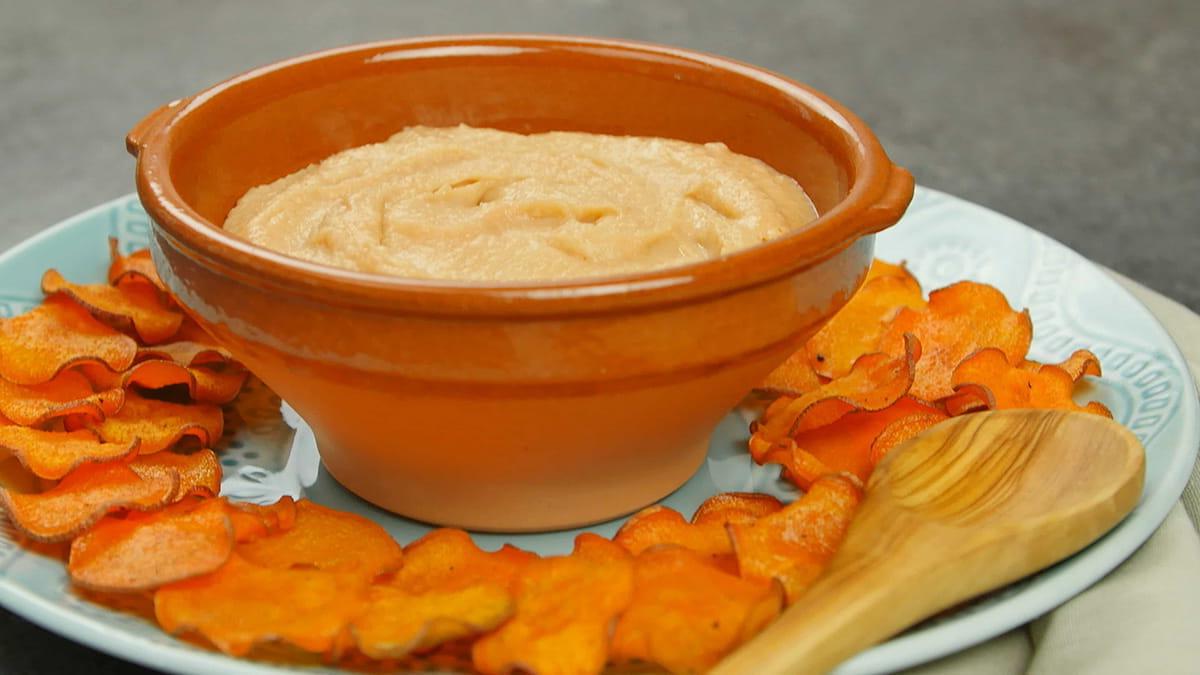 Buffalo White Bean Hummus with Oven Baked Sweet Potato Chips